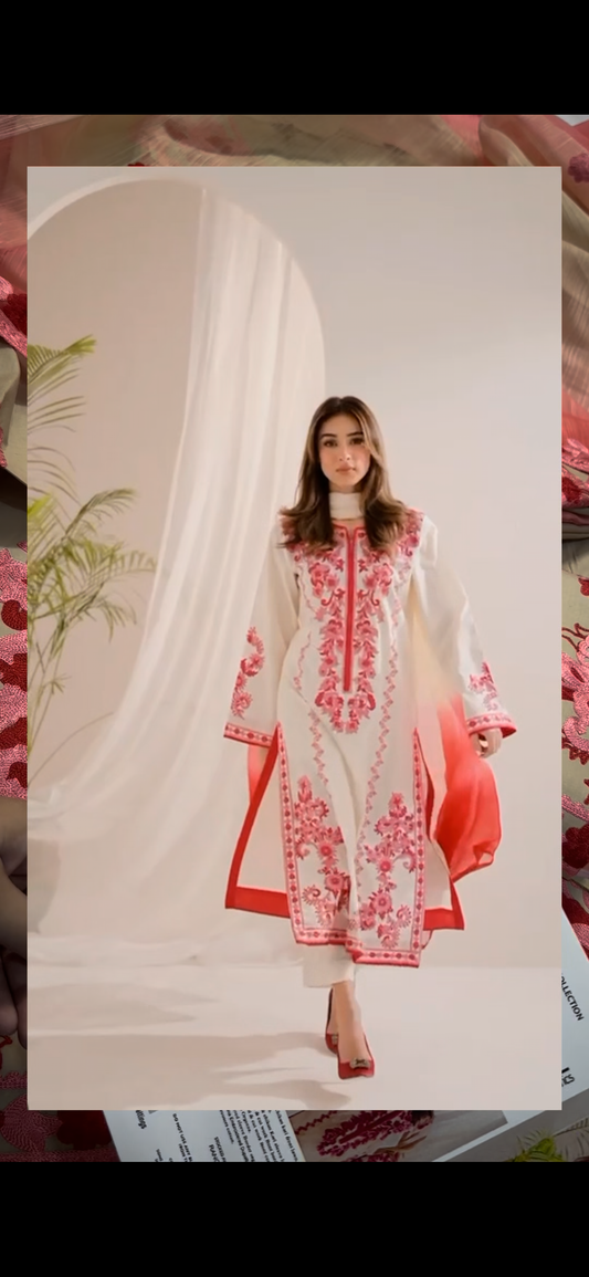 Tawakal 3PC Embroidered Suit – skin & Red Elegance