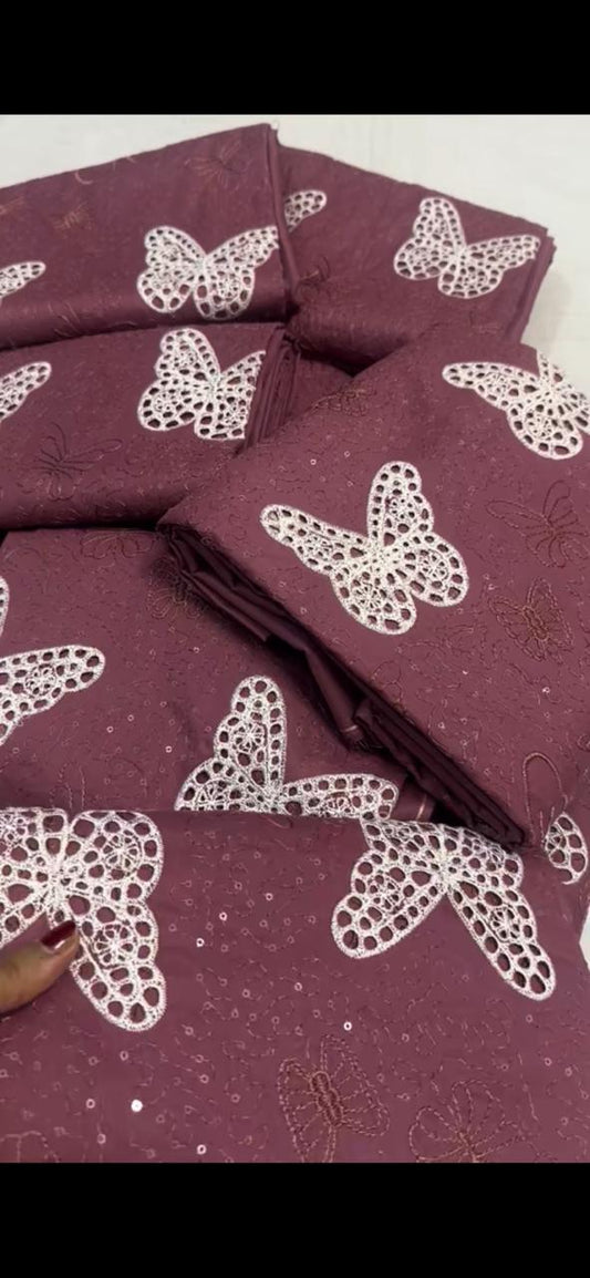 Burgundy Butterfly Embroidered Fabric 2PC