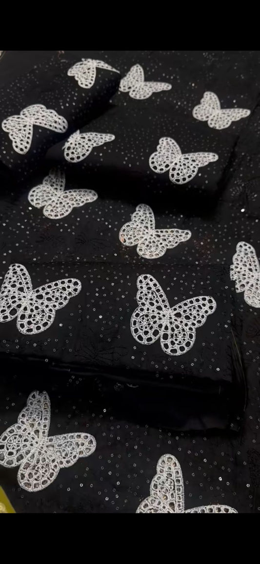 Elegant Black Butterfly Embroidered Fabric 2PC