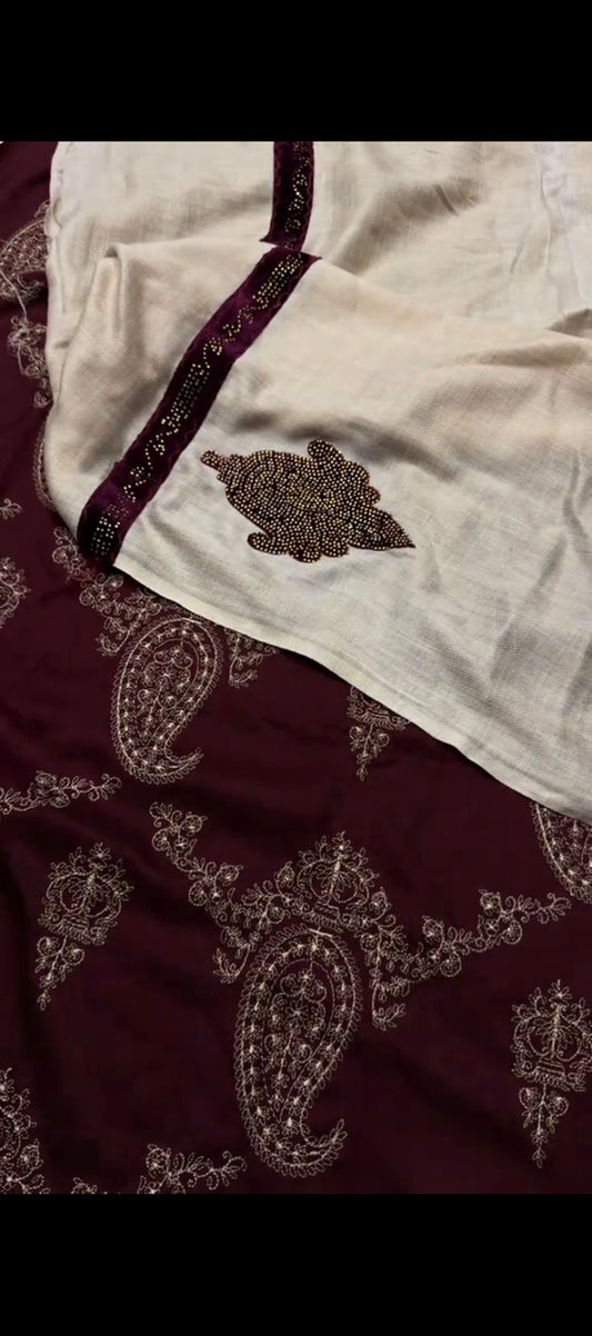 ✨ Royal Maroon Elegance – Embroidered 3-Piece Suit with Bedazzled Shawl