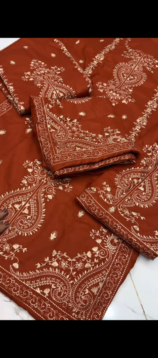 ✨ Rust Elegance – Embroidered Dhanak Suit