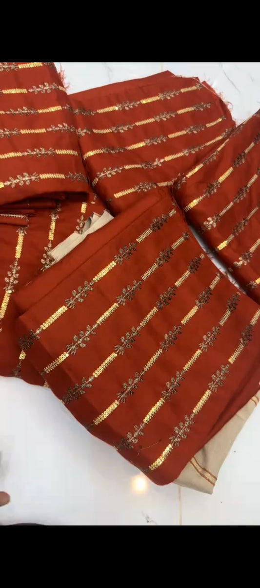 ✨ Rusty Red Embroidered 3pc Winter Suit