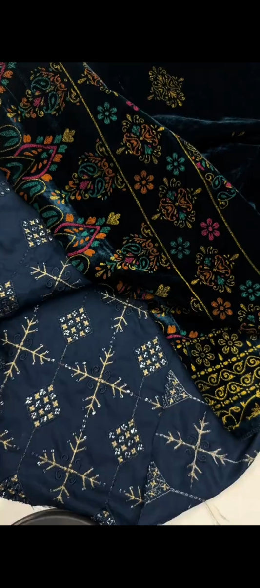 ✨ Elegant Sink Elegance – 3 Piece Embroidered Dhanak Wool Suit with Luxurious Velvet Shawl ✨