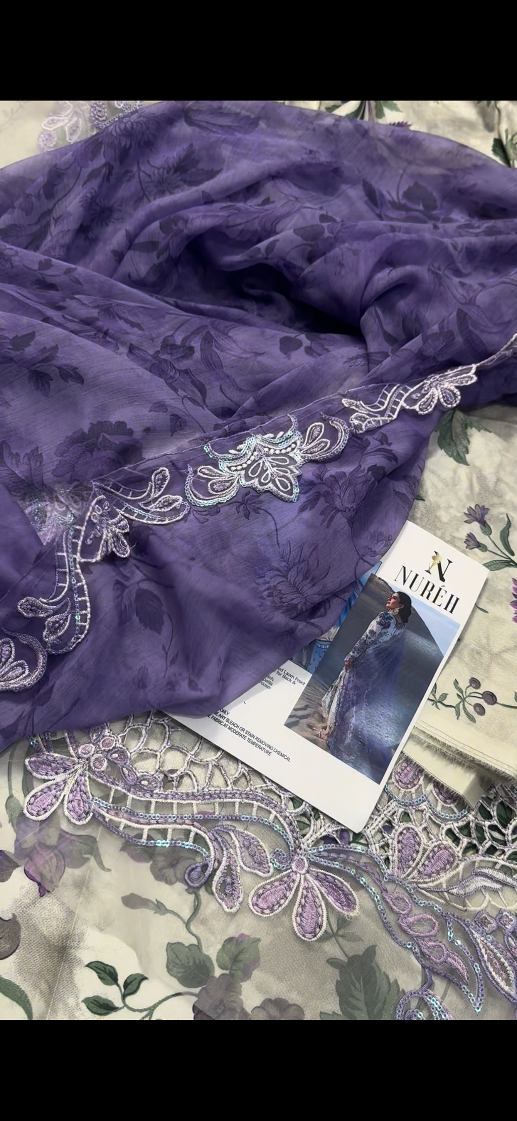 Nureh Luxury 3PC Suit – Soft Floral Elegance(Aiza khan)shooting Dress