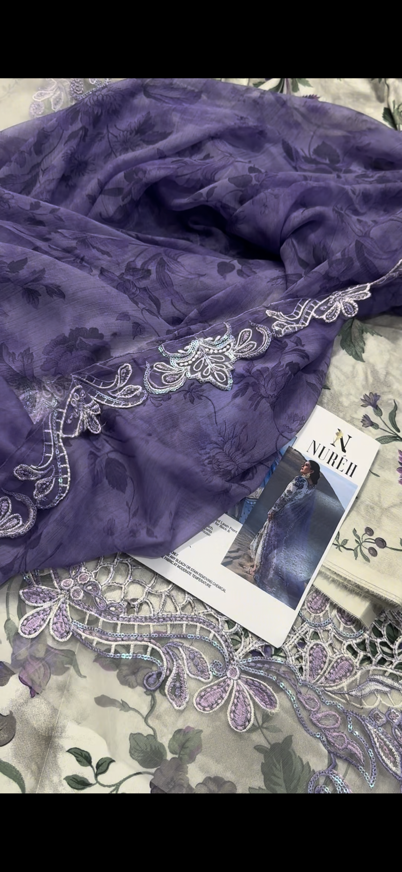 Nureh Luxury 3PC Suit – Soft Floral Elegance(Aiza khan)shooting Dress