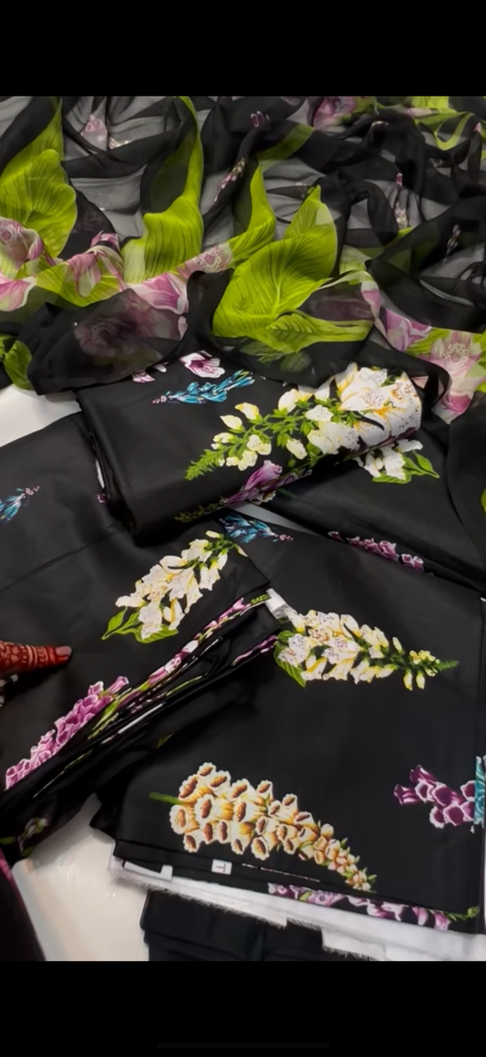 New launch 3PC Printed Lawn Suit Black