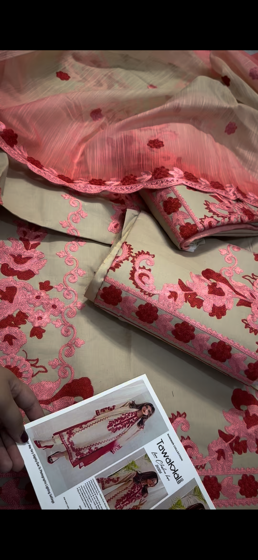 Tawakal 3PC Embroidered Suit – skin & Red Elegance