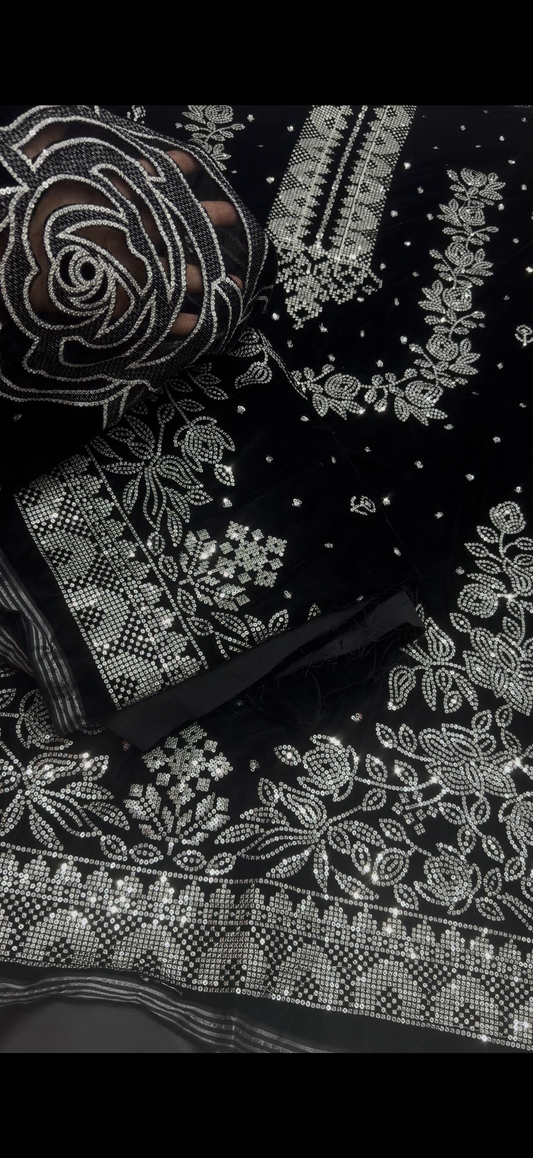 Luxury Black velvet Embroidered 3-Piece Suit
