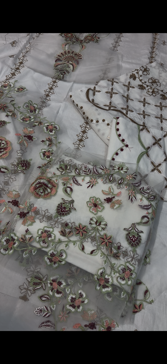 2PC Embroidered Suit white multi