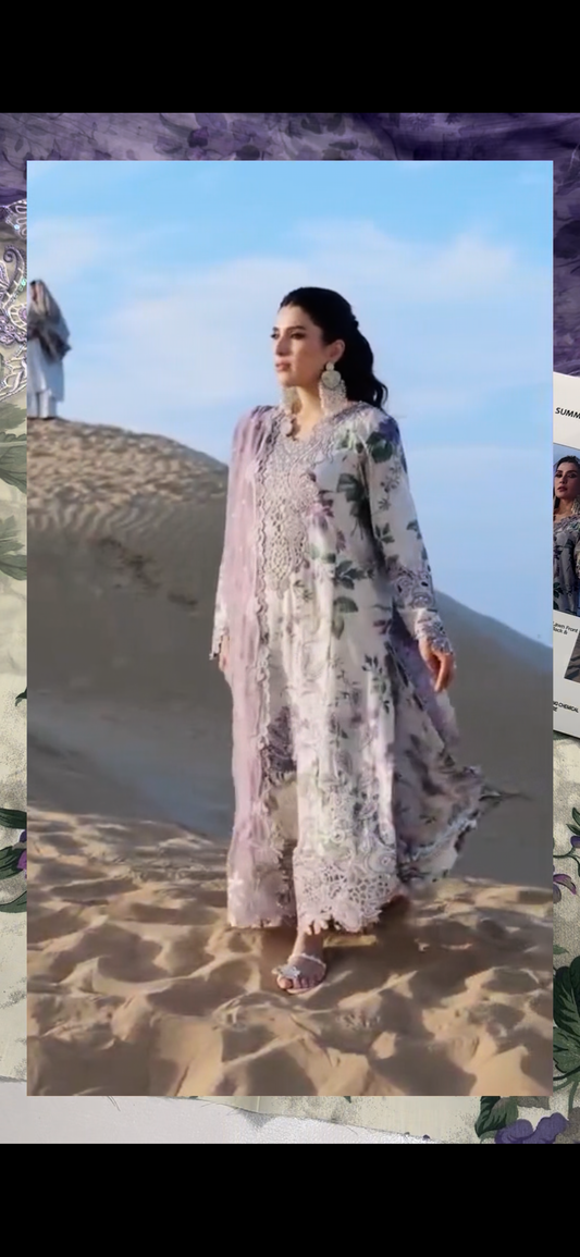 Nureh Luxury 3PC Suit – Soft Floral Elegance(Aiza khan)shooting Dress