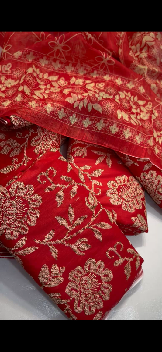 Cross Stitch 3PC Suit – Red Embroidered Elegance