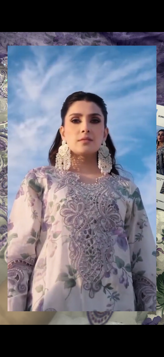 Nureh Luxury 3PC Suit – Soft Floral Elegance(Aiza khan)shooting Dress