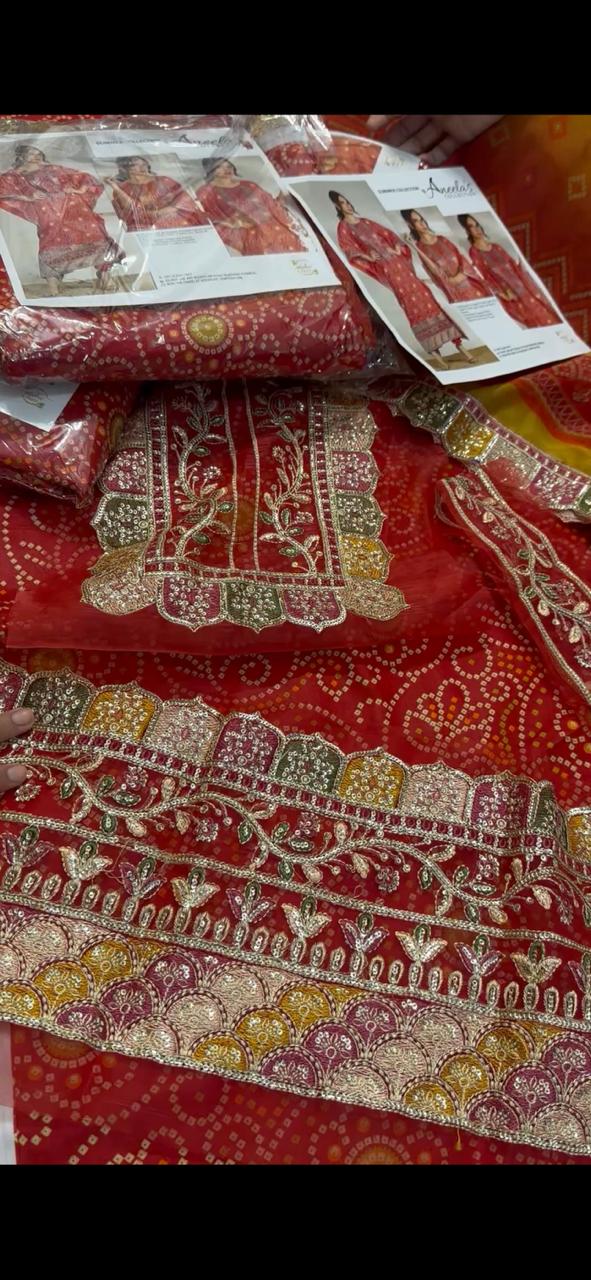 Shirt chunri print with elegant neck patch, daman patch & sleeves patch