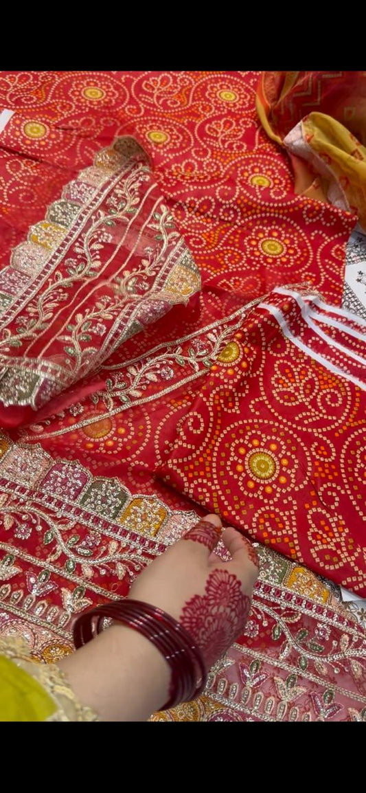 Shirt chunri print with elegant neck patch, daman patch & sleeves patch