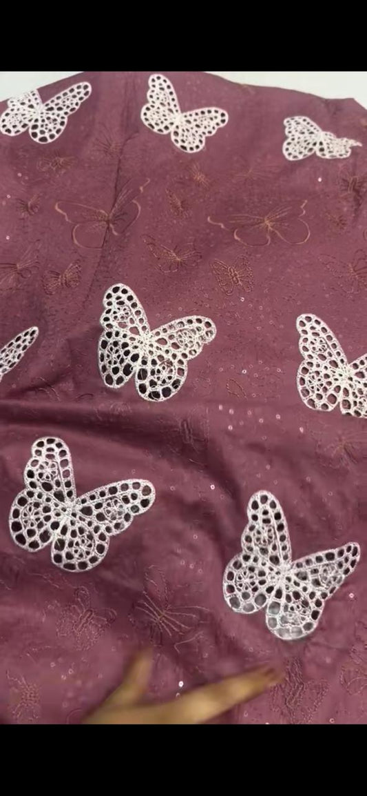 Burgundy Butterfly Embroidered Fabric 2PC