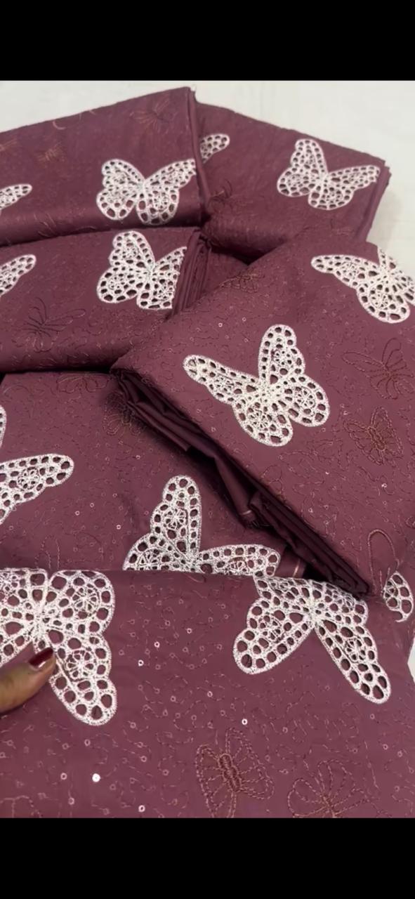 Burgundy Butterfly Embroidered Fabric 2PC