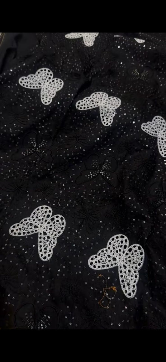 Elegant Black Butterfly Embroidered Fabric 2PC