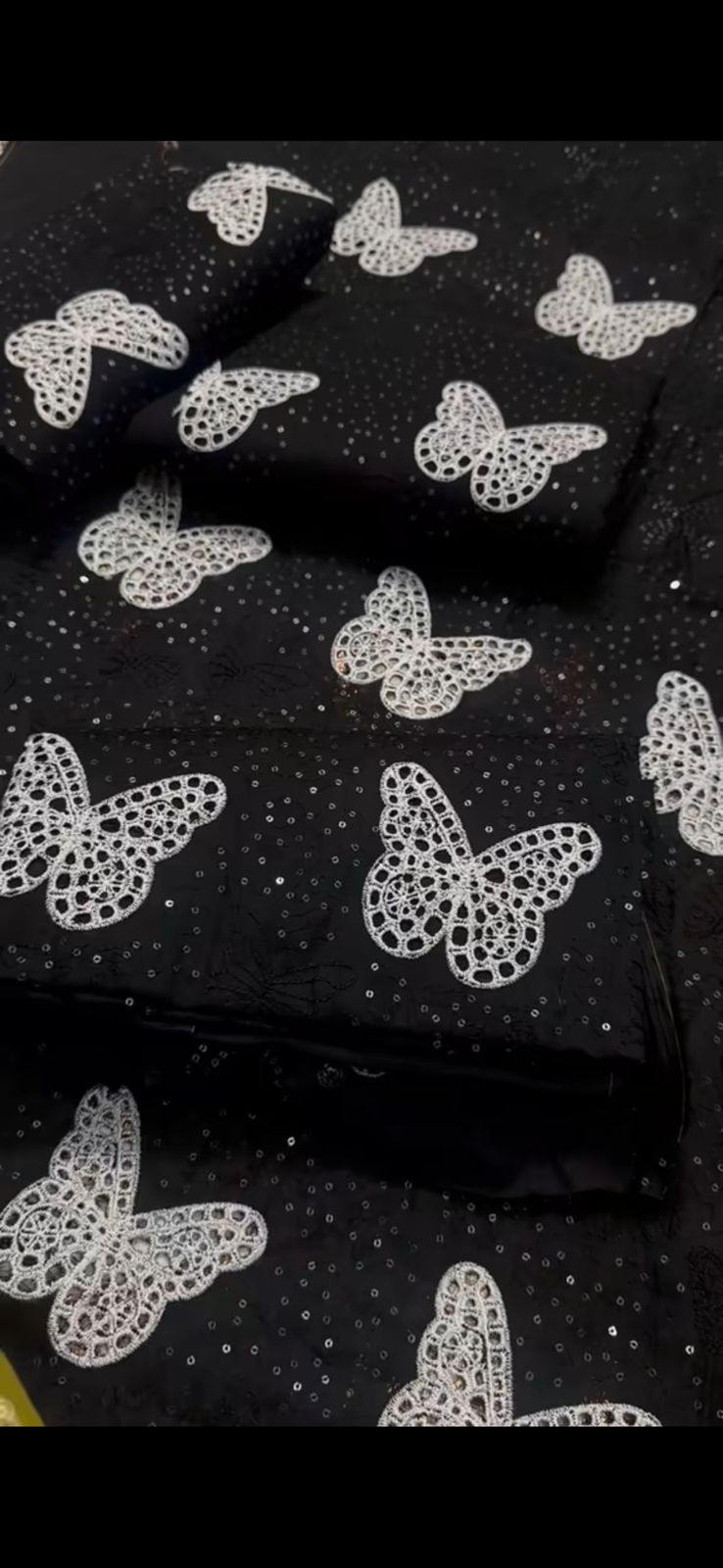 Elegant Black Butterfly Embroidered Fabric 2PC