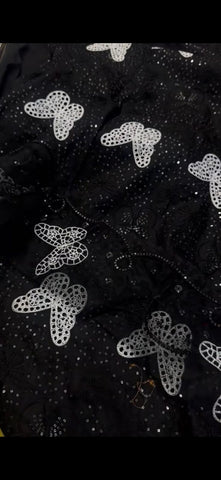 Elegant Black Butterfly Embroidered Fabric 2PC