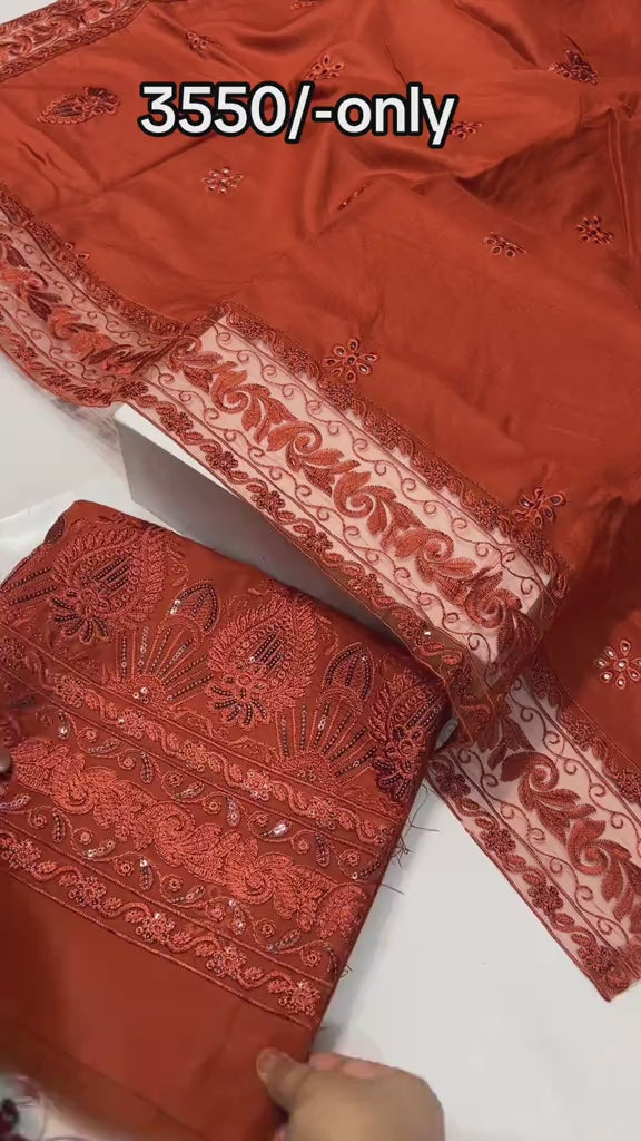 3-Piece Danak Fabric Dress – Ready-to-Wear Dupatta, Front Embroidery with Chikankari & Sequin Work