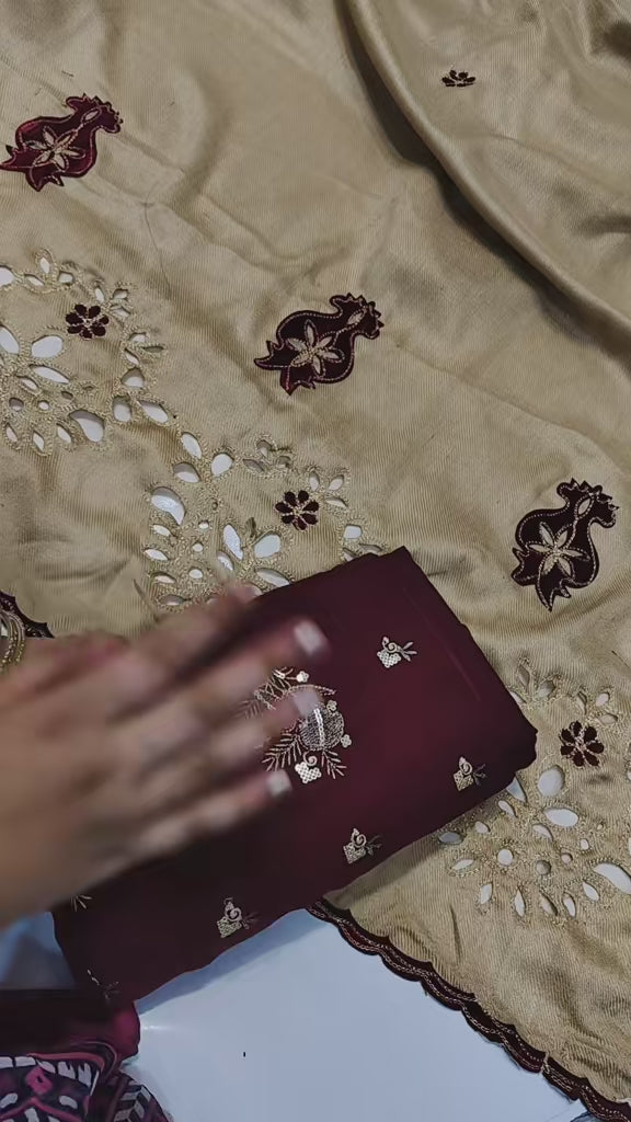 Maroon dhank wool 3pc v beautiful