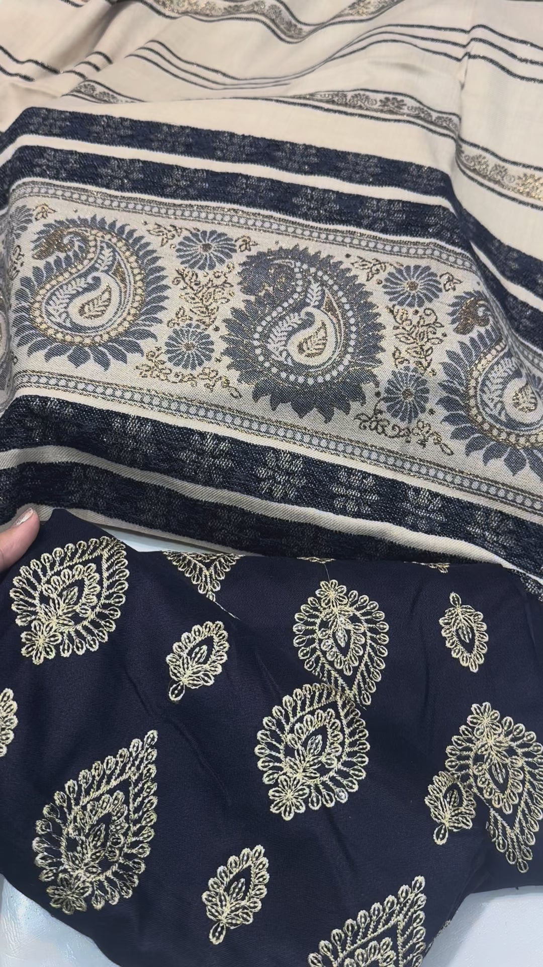 Blue embroidered jacard velvet shawl