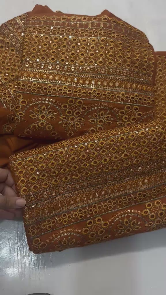 Johra 2-Piece Rust Danak Wool Dress – Heavy Embroidered Chicken Kari Shirt with Plain Trouser