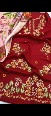 🌹 Luxury Maroon Thread Embroidered 3-Piece Dhanak Wool Suit
