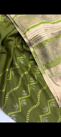 🌿 3PC Dhani Dhanak Embroidered Suit with Jacquard Shawl