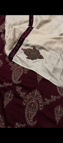 ✨ Royal Maroon Elegance – Embroidered 3-Piece Suit with Bedazzled Shawl