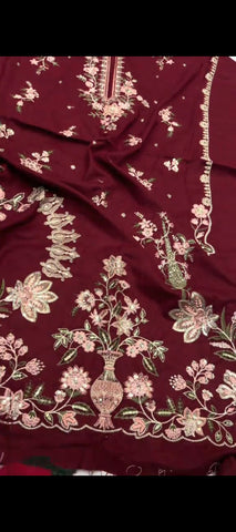 ✨ Royal Maroon Embroidered Dhanak 3-Piece Suit