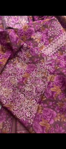 💜 3PC PEACH WOOL DHANAK FLORAL SUIT