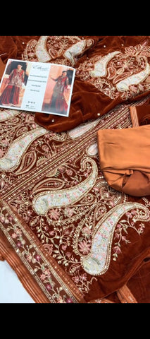 🤎 Rust Royale – Luxury Velvet Embroidered 2PC Suit