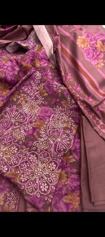 💜 3PC PEACH WOOL DHANAK FLORAL SUIT