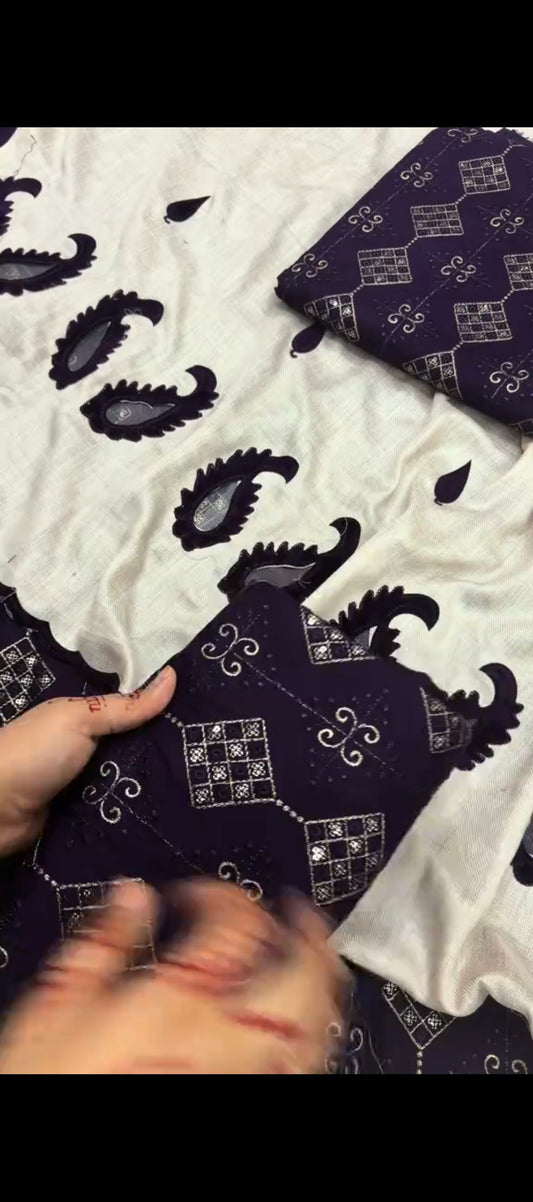 Purple Velvet Work – 3 Piece Embroidered Suit