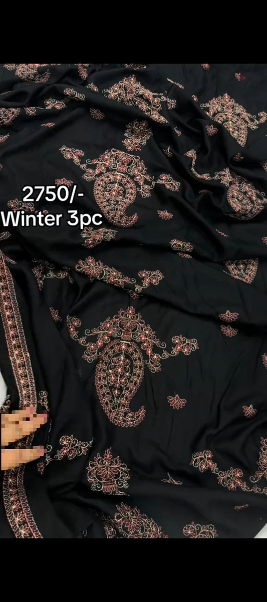 ✨ Elegant Winter Black Thread Embroidered Suit with Shawl– 3PC