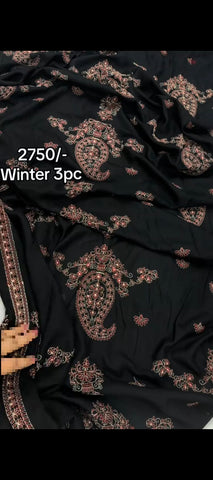 ✨ Elegant Winter Black Thread Embroidered Suit with Shawl– 3PC