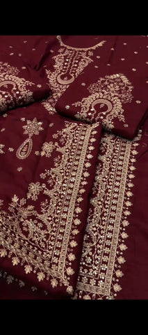 ✨ Royal Maroon Elegance – Premium Gold Embroidered Winter Suit
