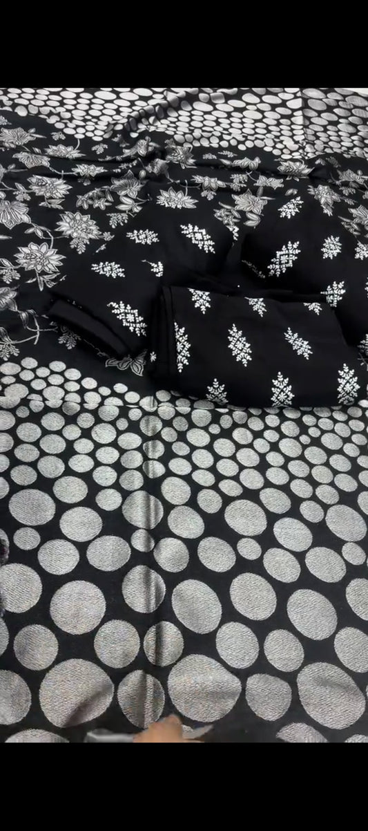 🖤 3PC Winter Embroidered Suit with polka dot shawl