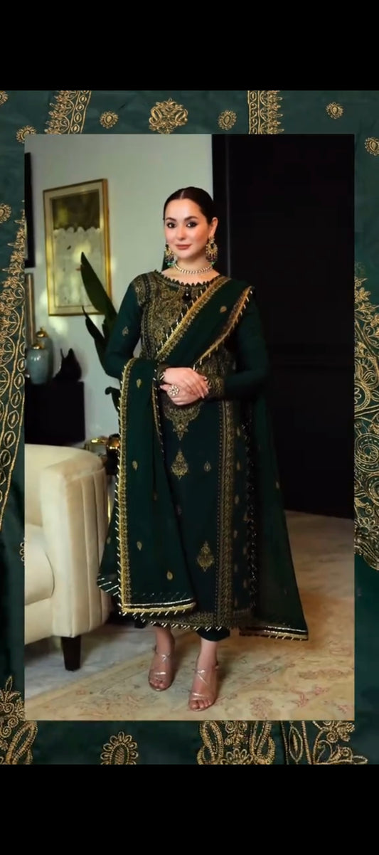 ✨ ROYAL EMERALD ELEGANCE – LUXURIOUS GOLDEN EMBROIDERED DHANAK WOOL 3PC UNSTITCHED WINTER SUIT