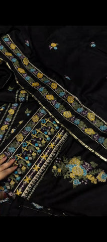 ✨ Elegant Black Dhanak Embroidered Suit – 3 Piece