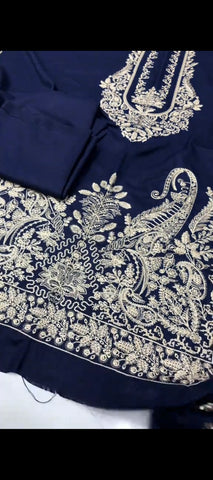 ✨ Royal Navy Blue Embroidered 3-Piece Khaddar Suit with Velvet Shawl