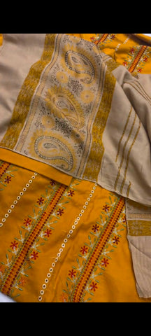 ✨ Mustard Embroidered 3-Piece Suit with Jacquard Shawl