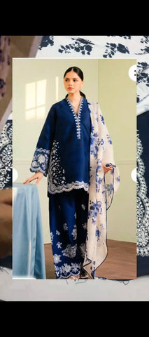 💙✨ ROYAL BLUE 3PC DHANAK PEACH WOOL EMBROIDERED WINTER SUIT WITH ELEGANT WHITE DUPATTA ✨🤍