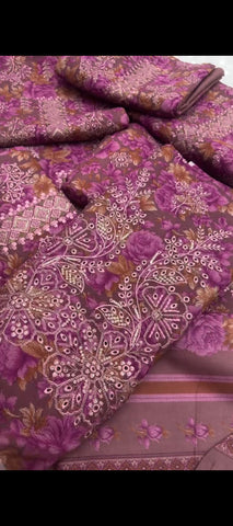 💜 3PC PEACH WOOL DHANAK FLORAL SUIT