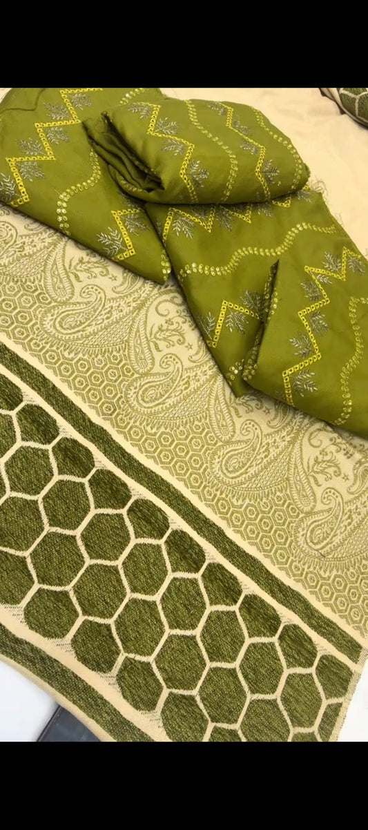 ✨ 3PC Olive Green Peach Wool Jora With Shawl