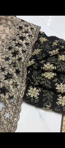 ✨ 3PC Black Embroidered Peach Wool Suit –