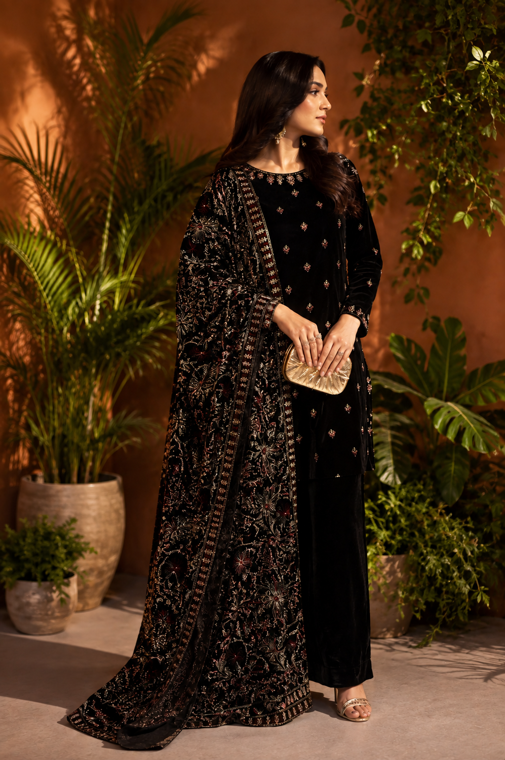 🖤 Black Velvet Elegance – 3 Piece Embroidered Suit ✨