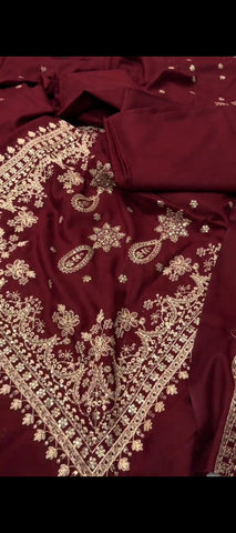 ✨ Royal Maroon Elegance – Premium Gold Embroidered Winter Suit