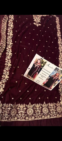 🍷 Royal Burgundy Velvet – Luxury Embroidered 3-Piece Suit ✨